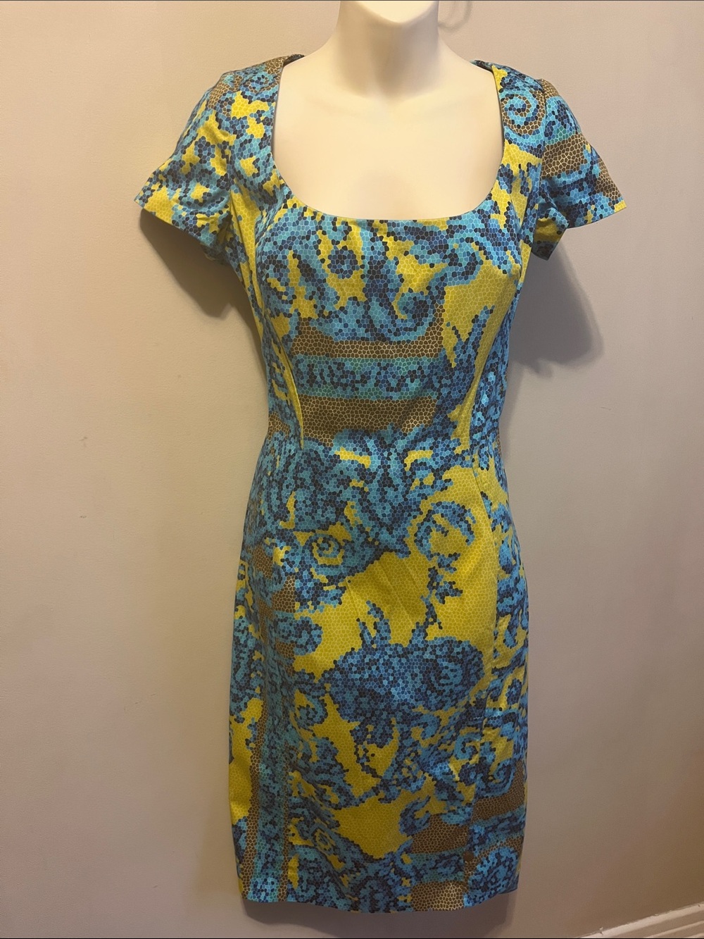 Versace Collection Mosaic Yellow,Blue and Brown Square-Neck Mini Dress